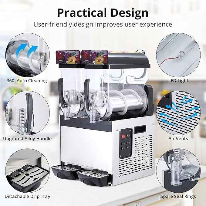 GarveeTech Black 15 L*2 700W Commercial Slushy Machine - Self-Cleaning Stainless Steel Frozen Drink Margarita Ice Cream Maker for Snow Melts, Cocktails - Ideal for Homes, Coffee Shops,and Restaurants