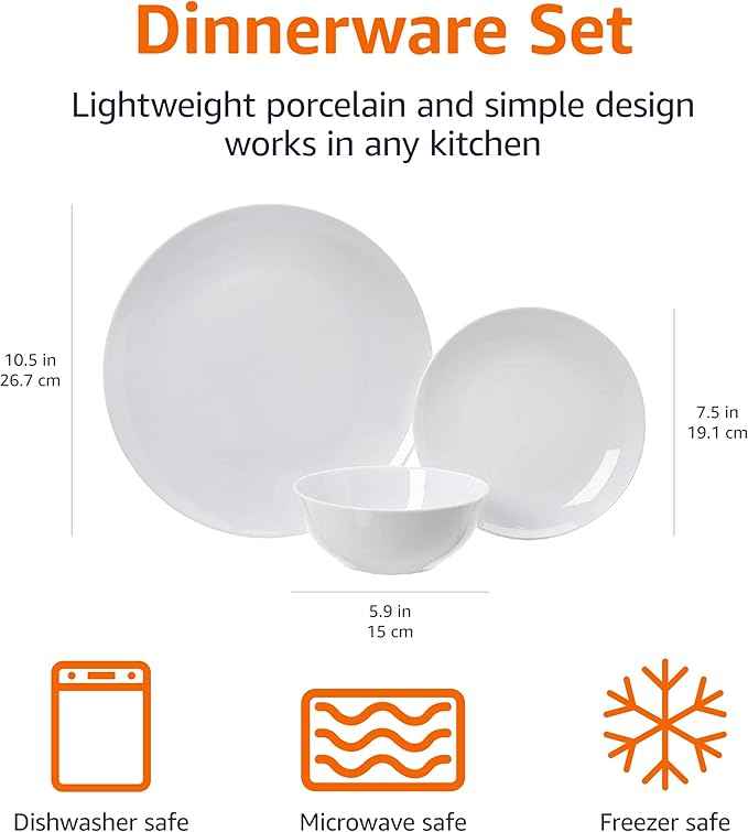 Amazon Basics 18-Piece Complete Kitchen Dinnerware Set, Microwave and Dishwasher Safe, Plates, Dishes, Bowls for Everyday Use, Service for 6, White Porcelain Coupe