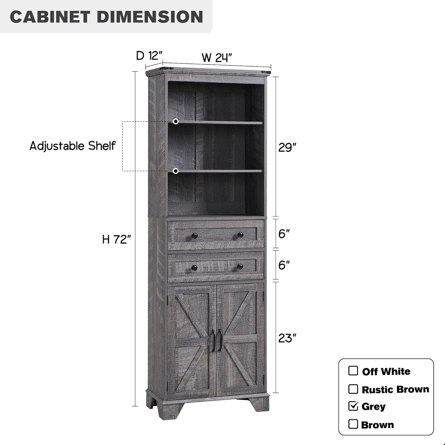 Bathroom Storage Cabinet, 72" Tall Farmhouse Storage Cabinet with 2 Drawers, Adjustable Shelves & Barn Door, Cabinet for Bathroom, Living Room, Kitchen, Grey Wash