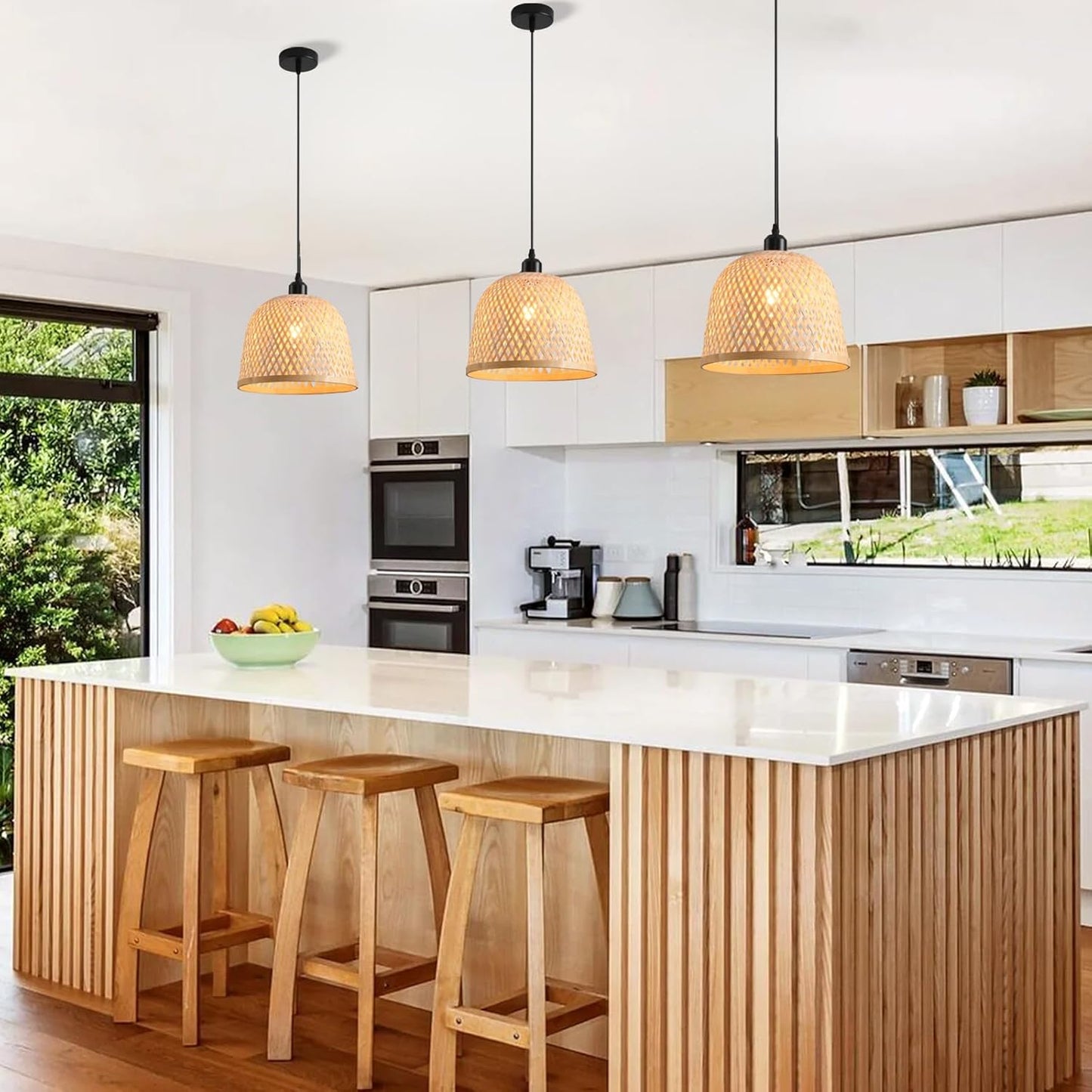 Bamboo Pendant Light 11.02" Hand Woven Bamboo Chandelier,3-Pack Rattan Ceiling Hanging Light,for Living Room Kitchen Dining Room Farmhouse