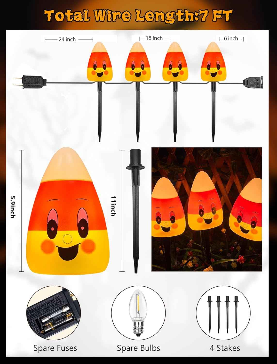 4 Pack Halloween Candy Corn Pathway Marker Lights with C7 Clear Bulbs, 7Ft Candy Night Light with 4 Stakes, Extendable Waterproof Pathway Decor for Yard Porch Lawn Pathway Garden