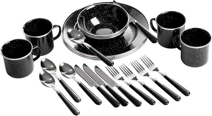 Stansport Deluxe 24-Piece Enamel Tableware Set - Enamel Plates and Bowls Lightweight and Durable Camp Dish Set for Camping and Backpacking Plates and Bowls for 4 People