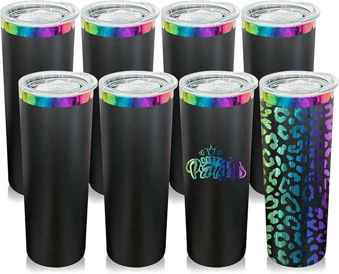 20 oz Skinny Tumblers Stainless Steel Tumbler with Lid and Straw Double Wall Vacuum Insulated Coffee Mug 20oz Powder Coated Cup for Hot and Cold Drinks(Black,8 pack)