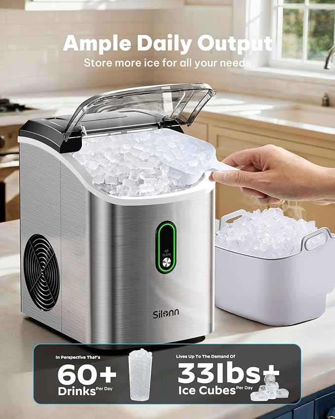 Silonn Nugget Ice Maker Countertop, Pellet Ice Machine with Self-Cleaning Function, Sonic Ice Maker Produces 33lbs of Chewable Ice in 24 Hours, Ideal for Home Kitchen and Office (Stainless Steel)