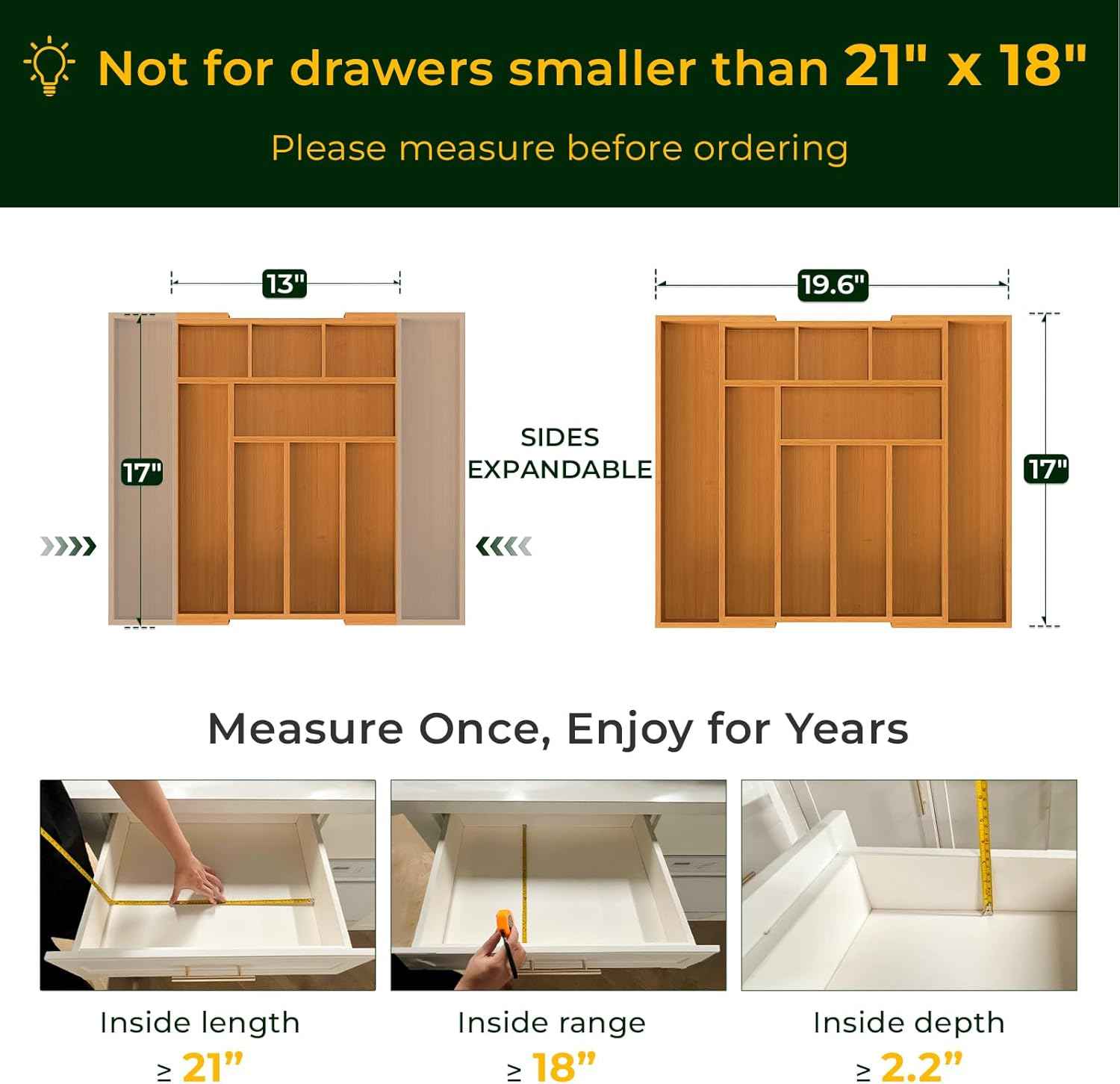 keechee Carbonized Bamboo Kitchen Drawer Organizer, 10 Slots Expandable Silverware Organizer, Utensil Holder & Cutlery Tray, 2.2" Deep for Extra Capacity, Non-Slip Feet Included
