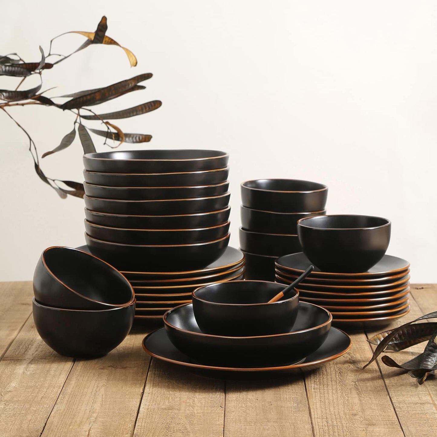 Stone Lain Brasa Stoneware 32 Piece Dinnerware, Plates and Bowls Sets for 8, Black, Glossy Rustic-Chic Design, Microwave & Dishwasher Safe