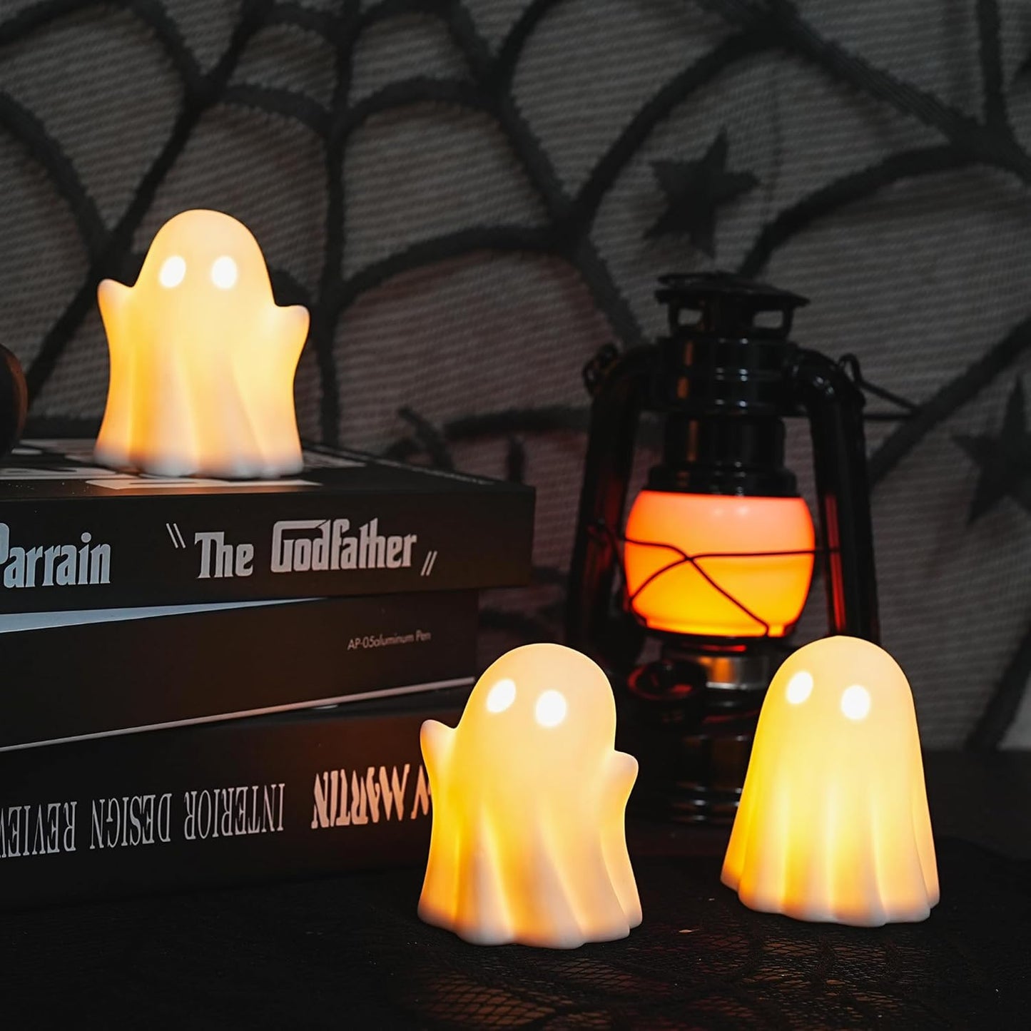 NEROSUN 3 Pack Cute Ghost Light Up Halloween Decor, LED White Ceramic Spooky Flameless Lanterns Decorative Light Fall Halloween Party Decoration for Home Bedroom Room Table Shelf