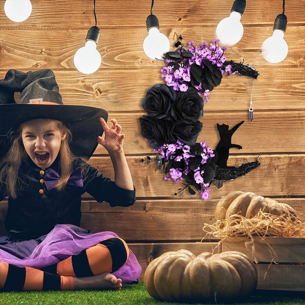Halloween Wreaths for Front Door with Light, Black Cat Crescent Moon Wreath, Cute Cat Garland Halloween Door Decorations for Outdoor Indoor Decor Wall Window Home Party