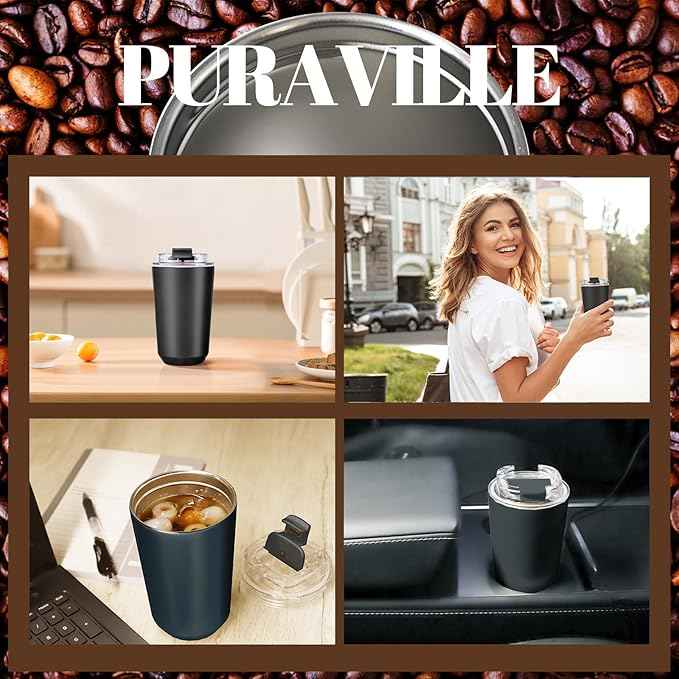 Puraville Insulated Tumblers with Lid, 10 oz Travel Coffee Mug Stainless Steel Vacuum Cup, Leak Proof Reusable Double Walled Coffee Tumbler for Iced and Hot Drinks, Black