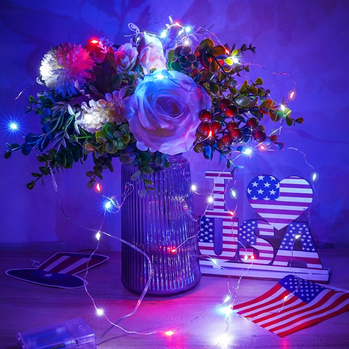4th of July Decorations, 4-Pack Red White and Blue Fairy Lights Battery Operated with Timer, Waterproof 16FT 50 LED Starry String Lights Indoor Outdoor for Independence Day Memorial Day DIY Home Decor