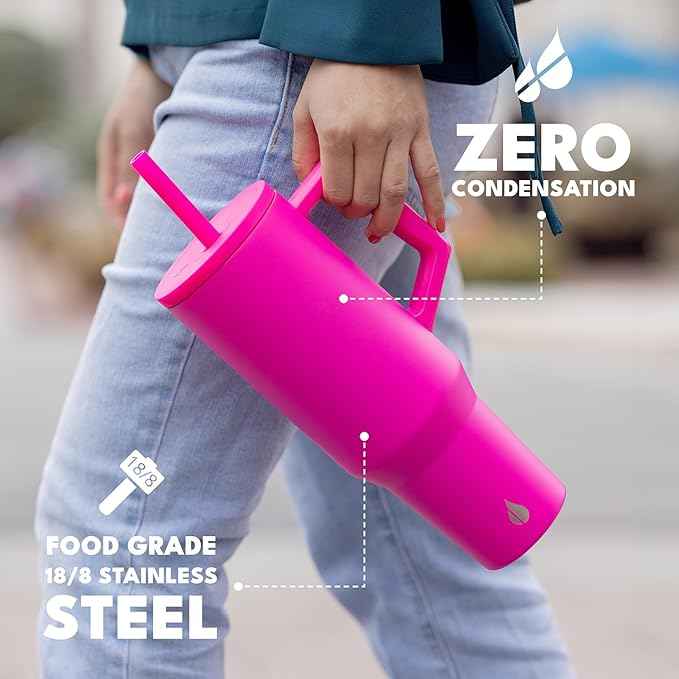 Elemental 40 oz Tumbler with Handle and Straw - Spill Proof Insulated Stainless Steel Commuter for Cold Beverages - Travel Coffee Mug with 2 Straws & Spill Proof Lid - 40oz - Hot Pink