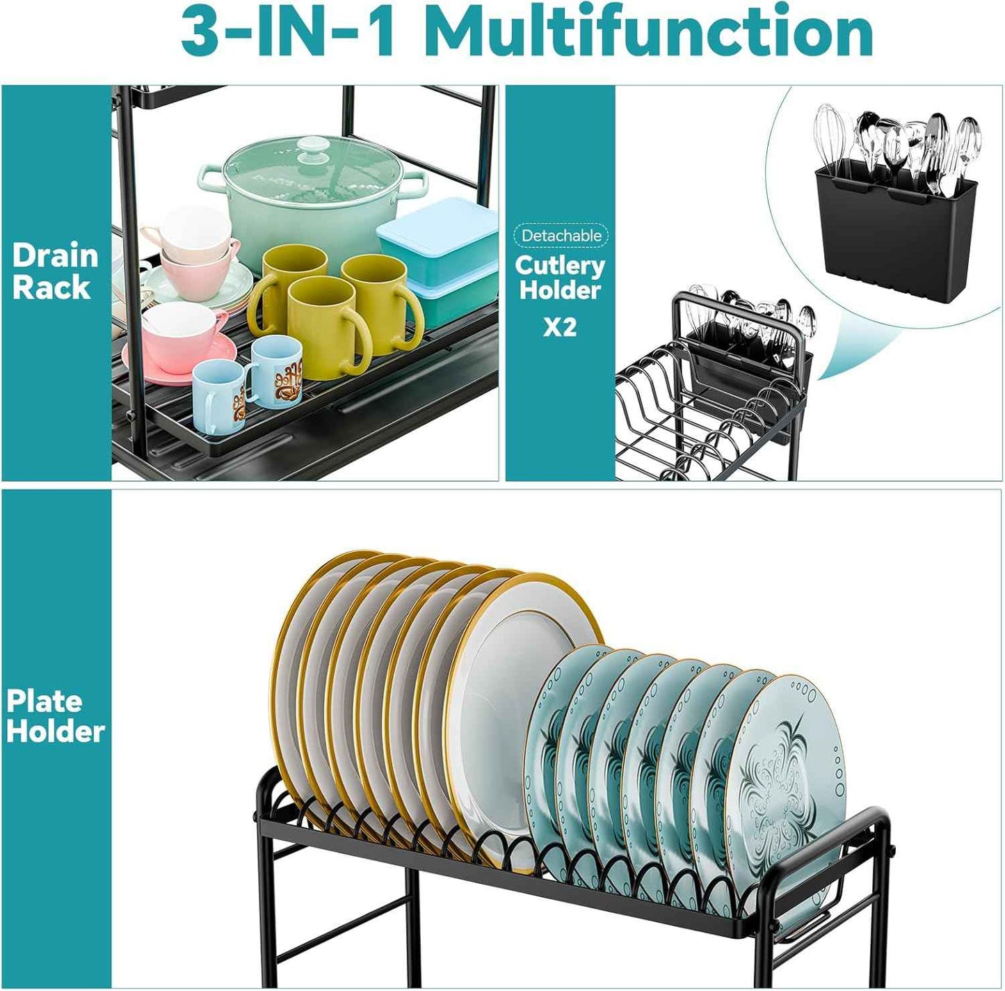 Simple Trending Dish Rack, Dish Drying Rack 2 Tier, Stainless Steel Dish Drainers with Utensil Holder and Drainboard for Kitchen Sink Organizers, 12" w x 16.6" L, Black