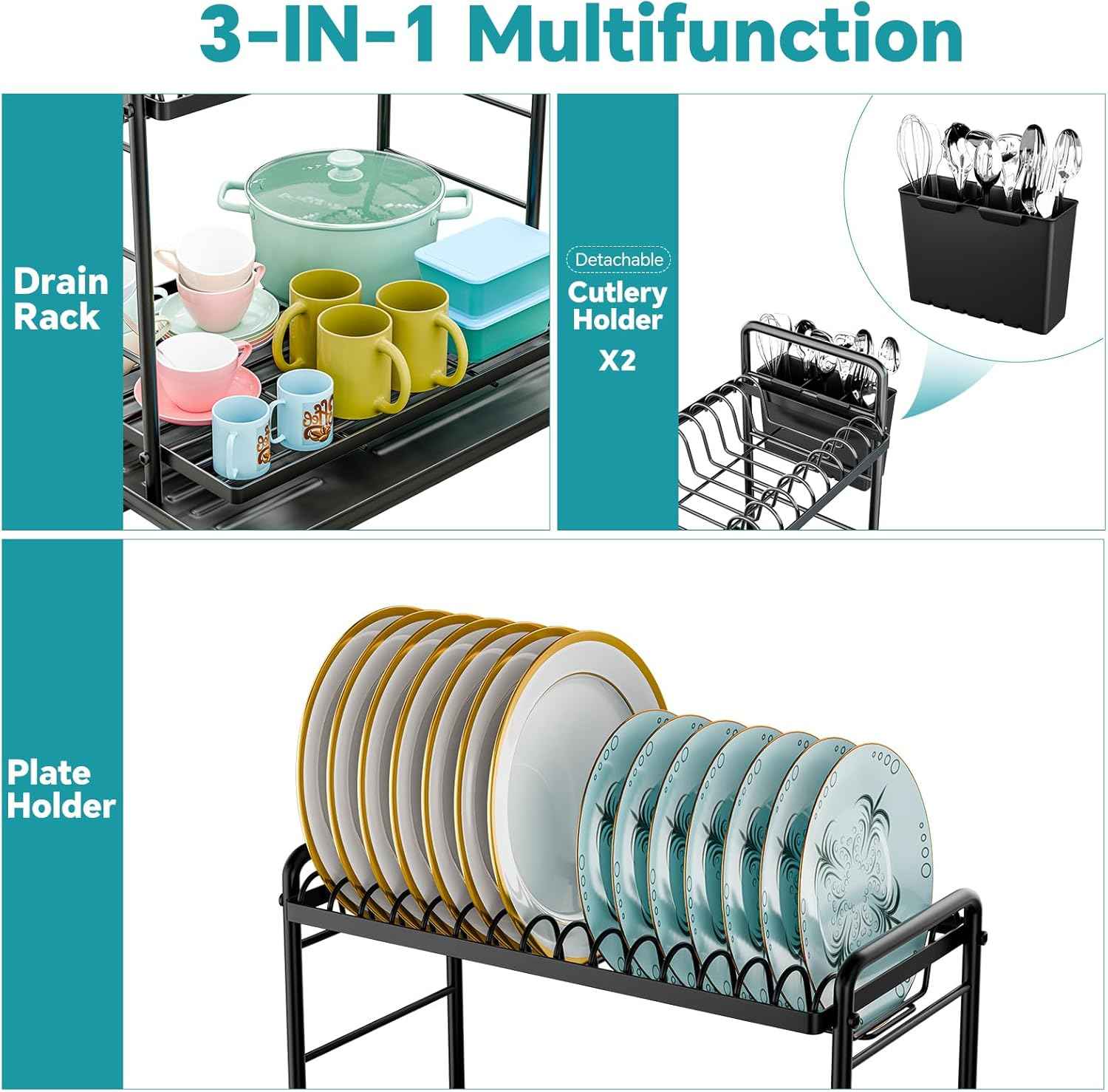 Simple Trending Dish Rack, Dish Drying Rack 2 Tier, Stainless Steel Dish Drainers with Utensil Holder and Drainboard for Kitchen Sink Organizers, 12" w x 16.6" L, Black