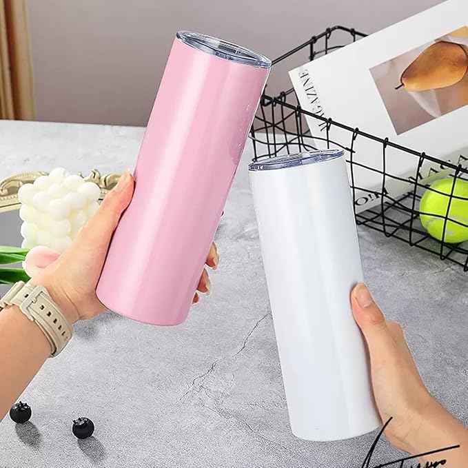 Double Wall 18/8 Stainless Steel Vacuum slim skinny tumbler with straw and lid, insulated travel mug keeping beverage cold and warm (white, 20oz)