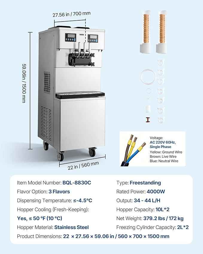 VEVOR Commercial Ice Cream Machine, 34-44L/H Yield, Dual-Compressor Freestanding Soft Serve Ice Cream Maker with 2 * 10L Hoppers & 3 Flavors, Pre-Cooling Puffing Low-Mix Alert for Snack Dessert Shops
