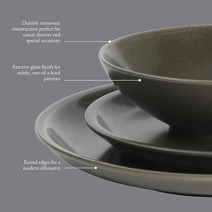 Gibson Elite 12 Piece (Service for 4) Lakecrest Plates and Bowls Reactive Glaze Round Dishes Stoneware Ceramic Dinnerware Set - Dark Green