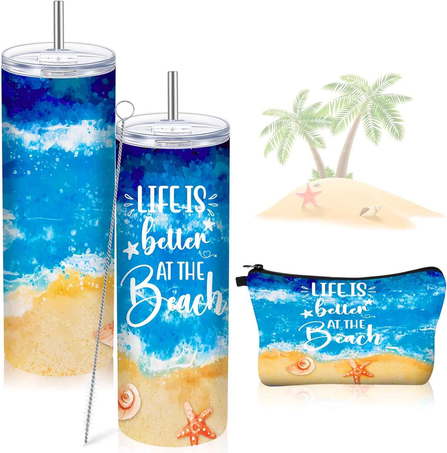 Mimorou Beach Gifts for Women 20 oz Insulated Tumbler with Straw and Lid Summer Ocean Sunset Makeup Bag Cosmetic Bag with Zipper, Cruise Vacation Gift for Ocean Lover(Life)