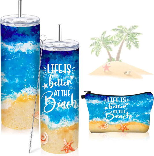 Mimorou Beach Gifts for Women 20 oz Insulated Tumbler with Straw and Lid Summer Ocean Sunset Makeup Bag Cosmetic Bag with Zipper, Cruise Vacation Gift for Ocean Lover(Life)