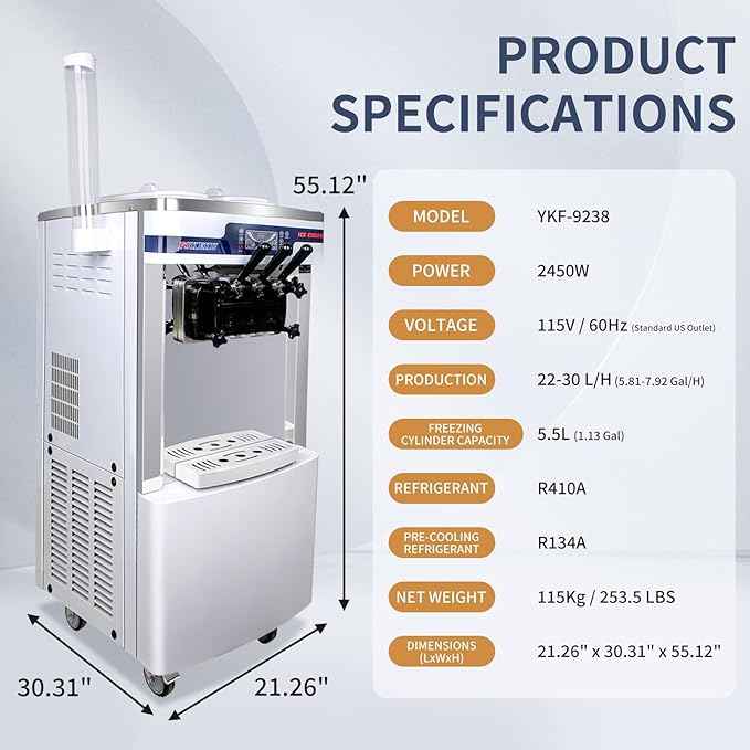 High-Efficiency Commercial Soft Serve Ice Cream Machine - 20-28L/H Capacity, Auto Clean,3 Flavors LED Display, Ideal for Restaurants and Snack Bars, 2200W