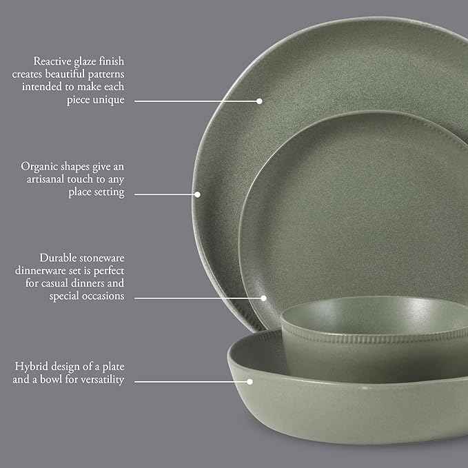 Gibson Elite Menlo Park 16-Piece Pottery Clay Stoneware Dinnerware Set – Green Reactive Glaze, Organic Shape Embossed Plates and Bowls W/Pasta Bowl, Service for 4 – Microwave & Dishwasher Safe