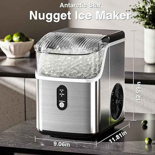 Antarctic Star Nugget Ice Maker Countertop, Chewable Nugget Ice Machine with Automatic Cleaning, Fast Ice Making 34Lbs/24H, One Click Operation for Party/Home/Bar/RV (Stainless Steel Silver)