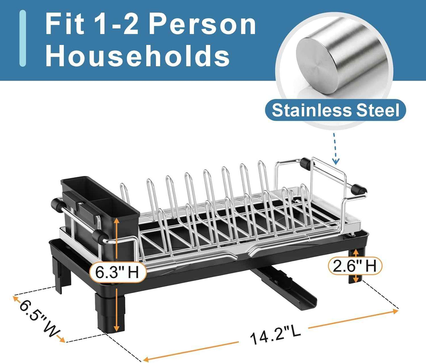 GSlife Small Dish Drying Rack for Counter, Stainless Steel Expandable Dish Drainer with Drain Board and 360° Swivel Spout, Compact for RV, Camper or Over Sink Use, 1-2 People, Narrow 6.5" W, Silver