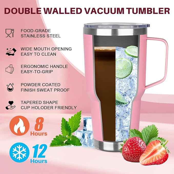 30 oz Stainless Steel Tumbler with Handle, Double Wall Vacuum Insulated Coffee Mug Tumbler with Lid and Straw, Thermal Cup for Cold and Hot (Pink)