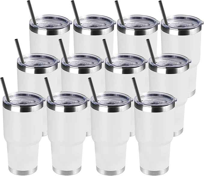 DOMICARE 30 oz Tumbler with Lid and Straw, Stainless Steel Tumblers Bulk, Insulated Vacuum Double Wall Travel Coffee Mug, Durable Powder Coated Tumbler Cups (White, 12)