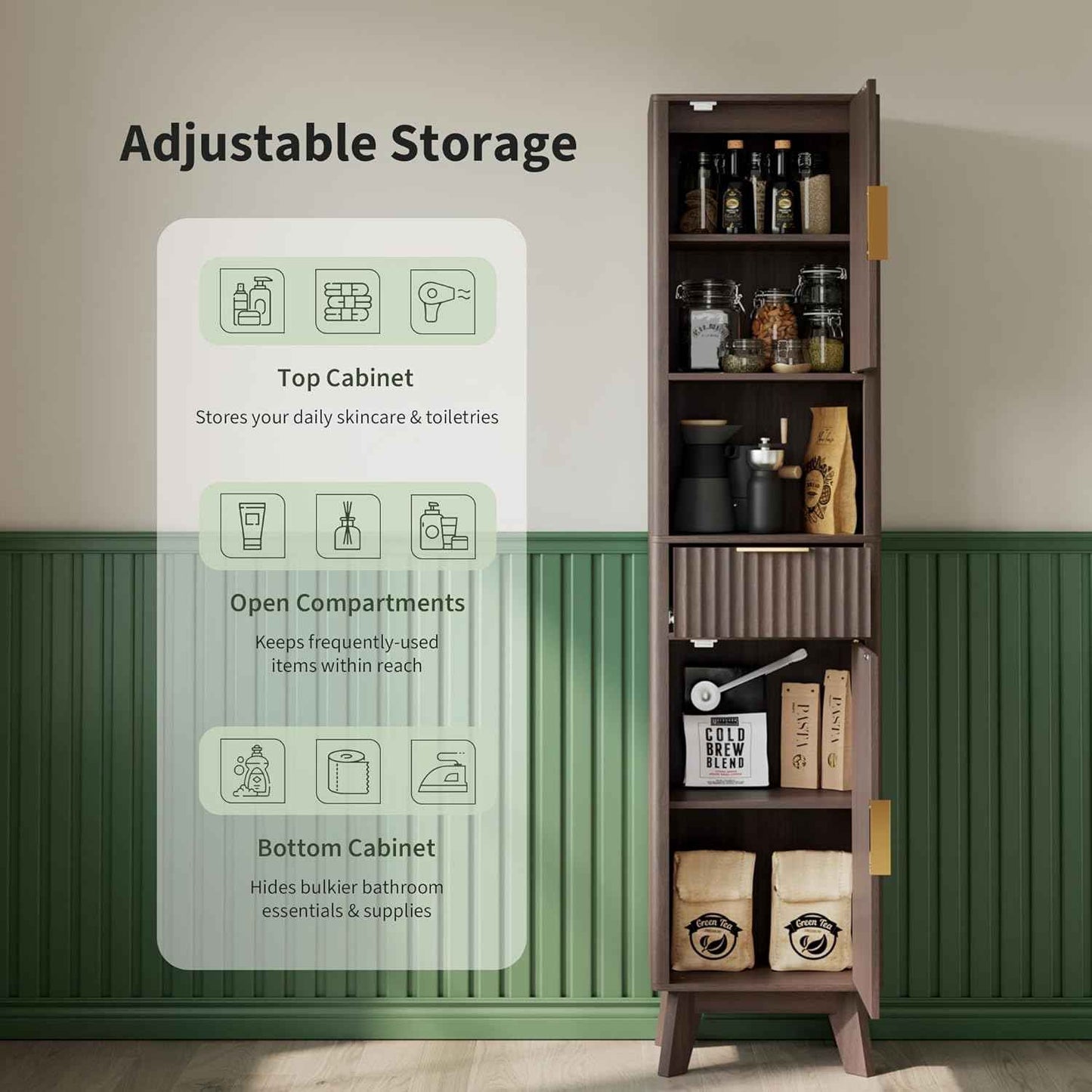 67" Tall Bathroom Storage Cabinet with Fluted Doors, Narrow Metal Cabinet with Fluted Doors and Drawer, Thin Cabinet with Open Countertop for for Bathroom, Living Room, Kitchen, Dining Room, Walnut
