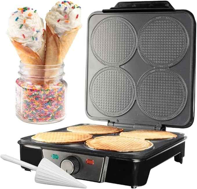 Mini Waffle Ice Cream Cone Maker - Bake 4 Homemade Mini Cones at Once, Includes Shaper Roller - Make Fun Bite Sized Entertaining Desserts for Holiday Parties, Special Occasions and Gift Giving Treats
