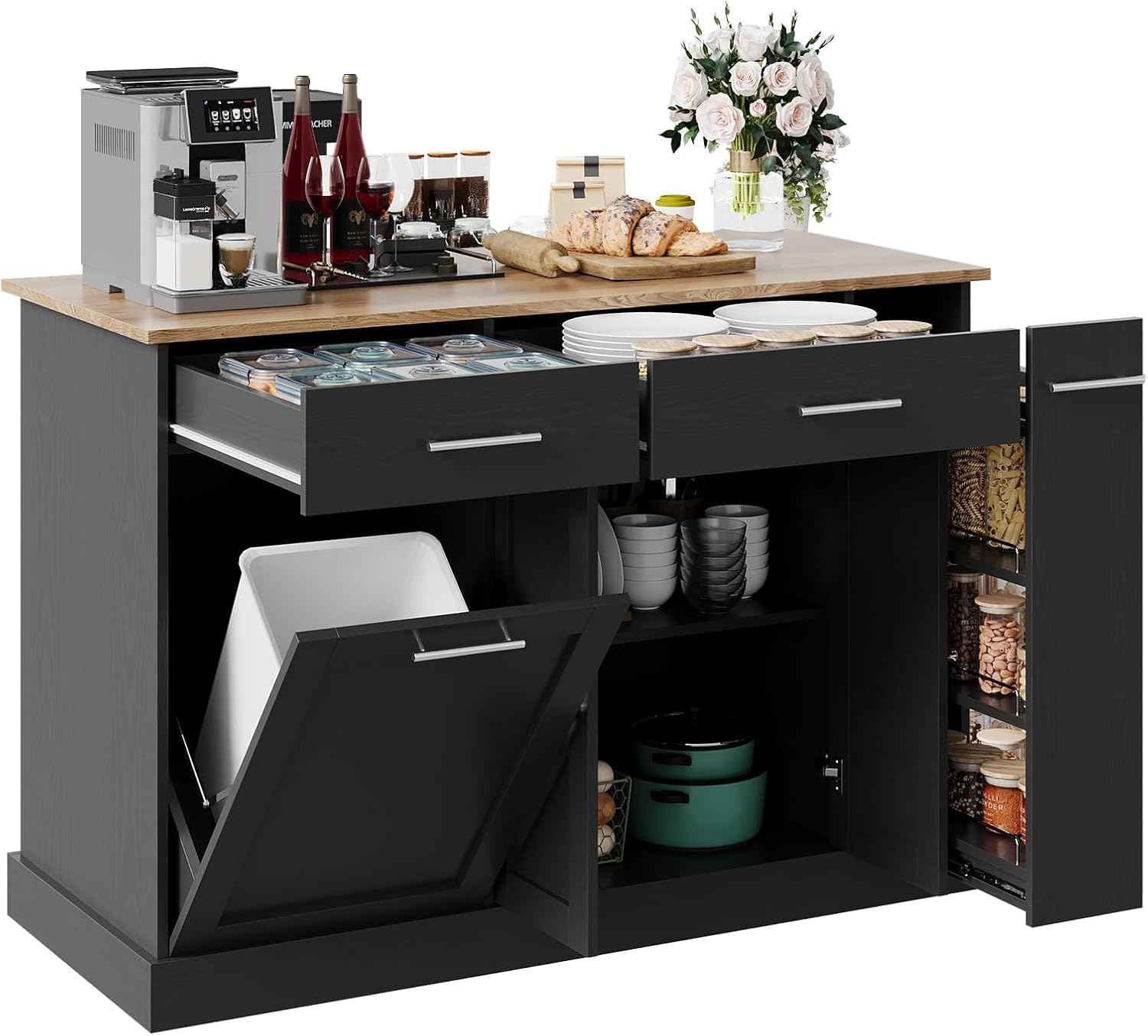 4 EVER WINNER Kitchen Island with Trash Can, 53" Rolling Kitchen Island with Storage and 3-Large Spice Racks, Portable Kitchen Island with Adjustable Shelves, Black