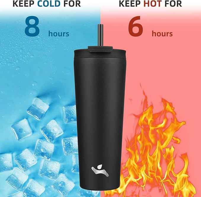 Konokyo 26 OZ Insulated Tumbler with Lid and 2 Straws Stainless Steel Water Bottle Vacuum Travel Mug Coffee Cup,Black
