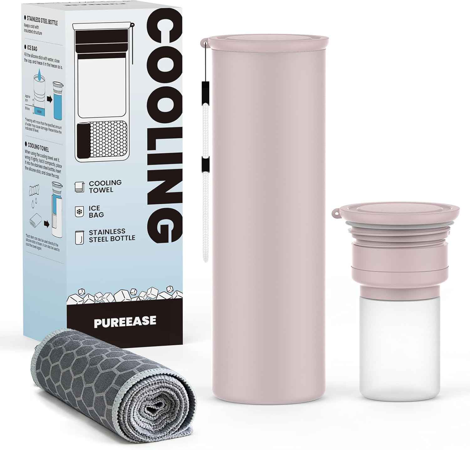 COOLING STATION 3-in-1 Portable Kit: Insulated Stainless Steel Bottle with Reusable Ice Bag & Cooling Towel. Long-Lasting Cold Relief for Daily Commute, Gym, Sports & Outdoor Travel. (pink)