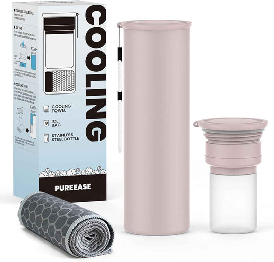 COOLING STATION 3-in-1 Portable Kit: Insulated Stainless Steel Bottle with Reusable Ice Bag & Cooling Towel. Long-Lasting Cold Relief for Daily Commute, Gym, Sports & Outdoor Travel. (pink)