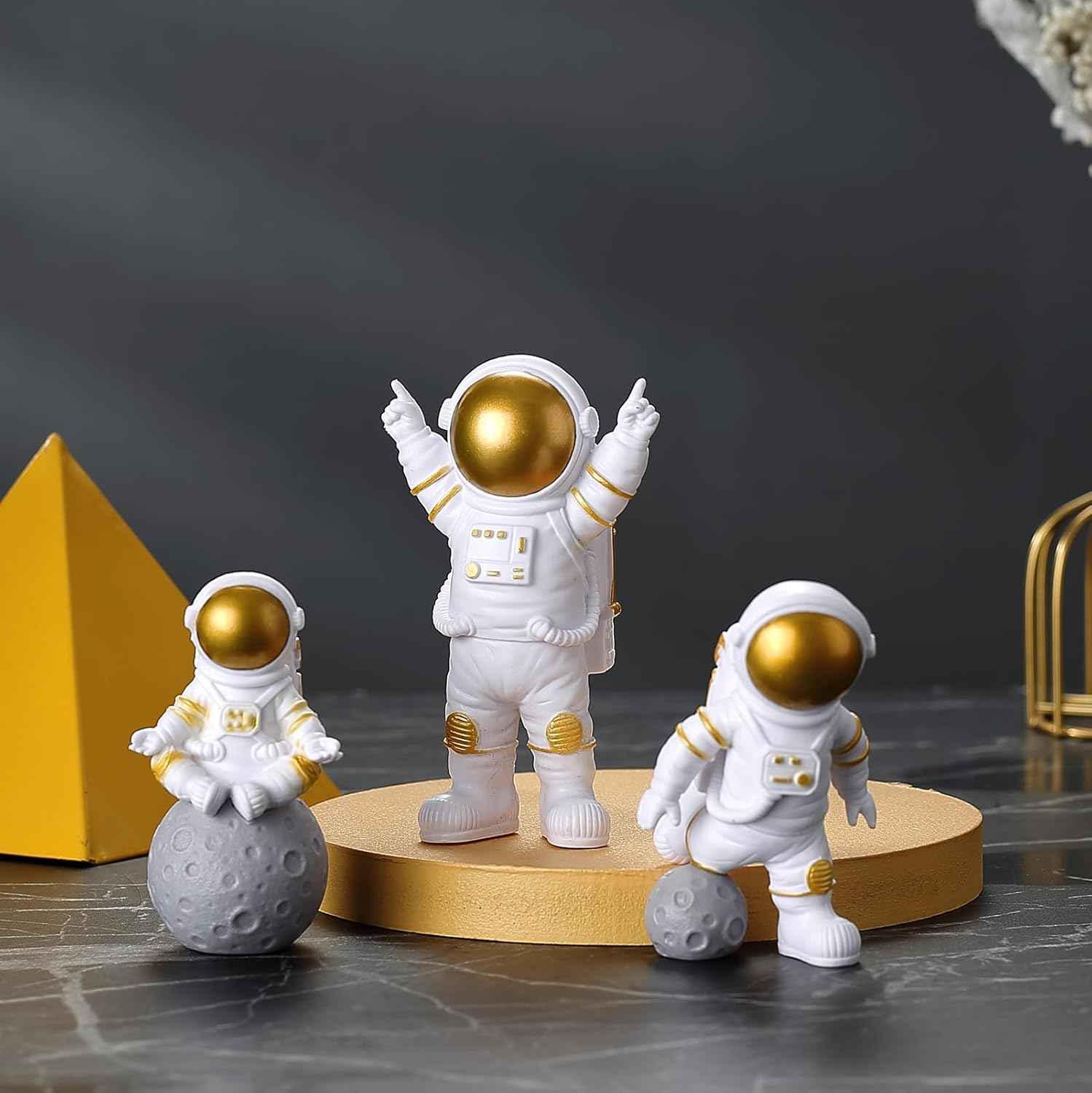 4 Pcs Gold White Astronaut Statues Set of 4, Spaceman Sculpture Figurines Outer Space Theme Decor for Nursery Room Topper (4, Golden)