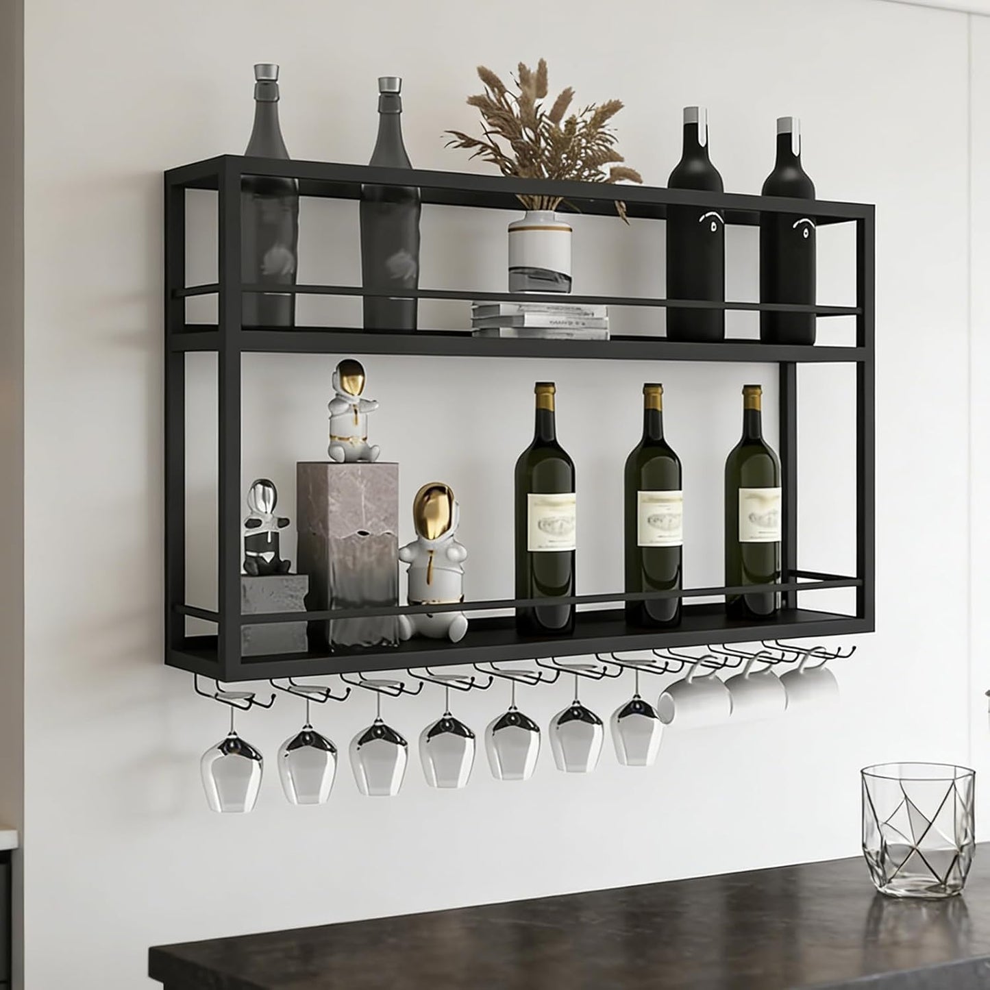 Industrial Wall Mounted Wine Rack, 2-Tier Wood Wine Bottle Shelf with Stemware Rack, Black Wine Glass Rack Multi Functional Wine Storage Display Rack for Home Bar Dining Room Kitchen (31.4×7.8×26in)