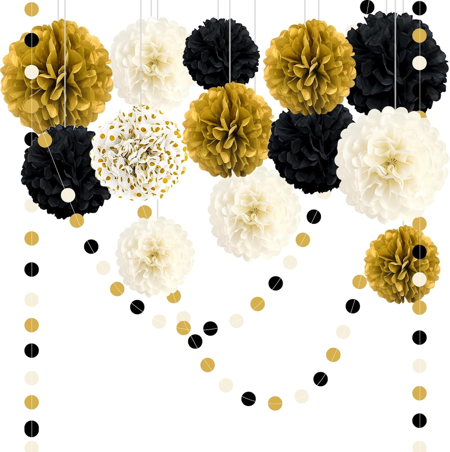 Black and Gold Party Decorations, 16 PCS Tissue Paper Pom Poms Dots Paper Garland Kit for New Year Party, Graduation, Wedding, Birthday, Engagement, Baby Shower, Retirement Party Decor