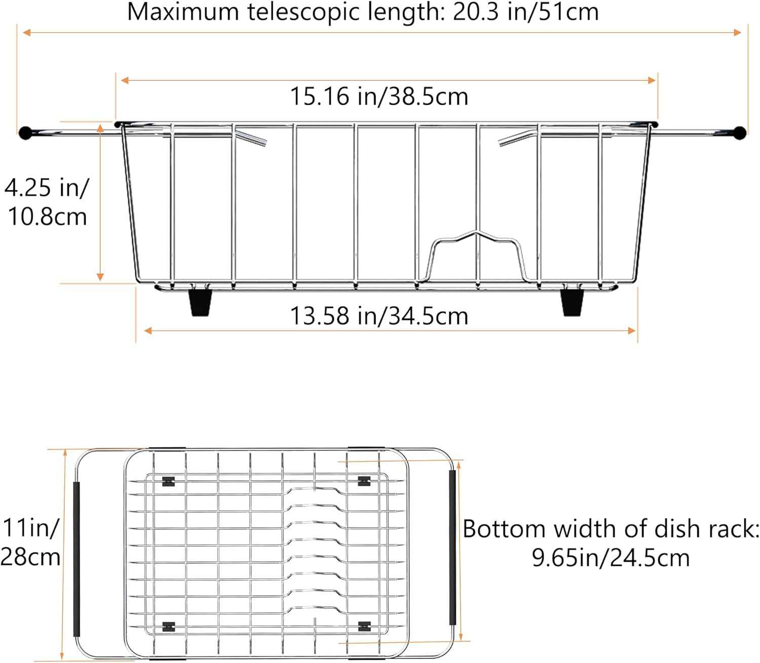 NiuYichee Stainless Steel Dish Drying Rack(15.2"L X 11"W X 5.3"H), Expandable Fruit & Vegetable Drain Rack over Sink, Dish Drainer Rack in Sink, with Stainless Steel Utensil Holder & Silicone Mat(16")