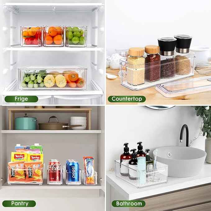 ZIJUND 4 Pack Fridge Organizer, Stackable Refrigerator Organizer Bins with Lids, BPA-Free Fridge Organizers and Storage Containers for Fruit, Vegetable, Food, Drinks, Cereals, Clear