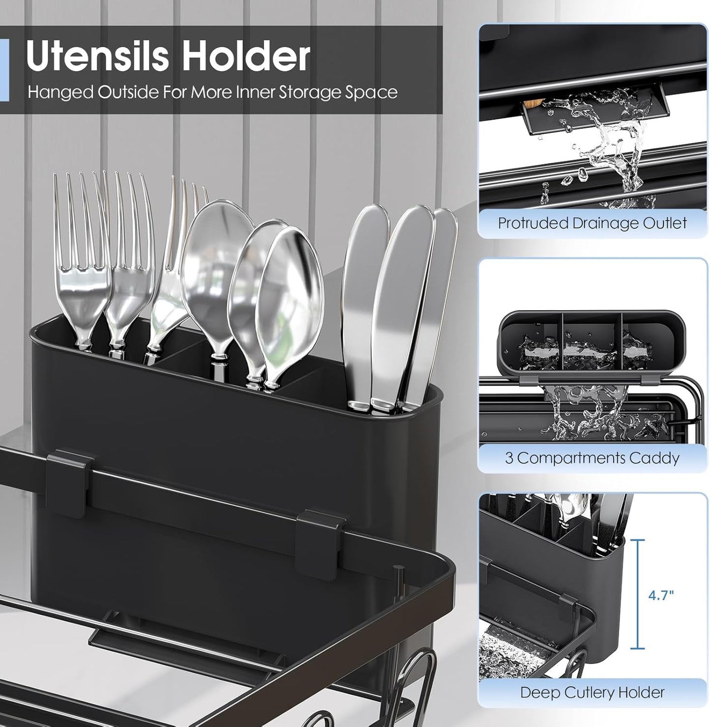 Urackify Dish Drying Rack for Kitchen Counter, Sink Dish Rack with Drainboard 12.2" W x 16.5" L, Large Dish Drainer with Cutlery Holder, Home Countertop Plate Dryer Storage Rack, Black