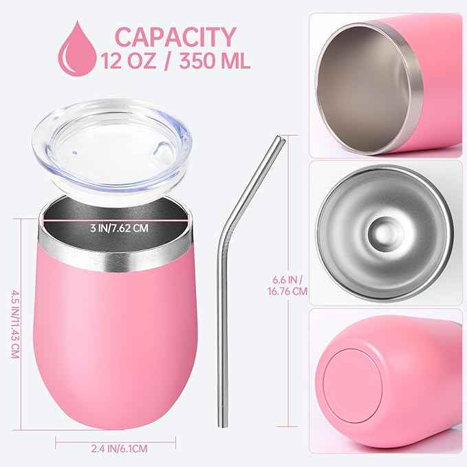 Volhoply 12oz Stainless Steel Wine Tumbler with Lid and Straw,Double Wall Vacuum Insulated Stemless Wine Glasses,Reusable Travel Coffe Mug for Cold Drinks,Tumblers Gifts for Women Men（Pink,1 Set）