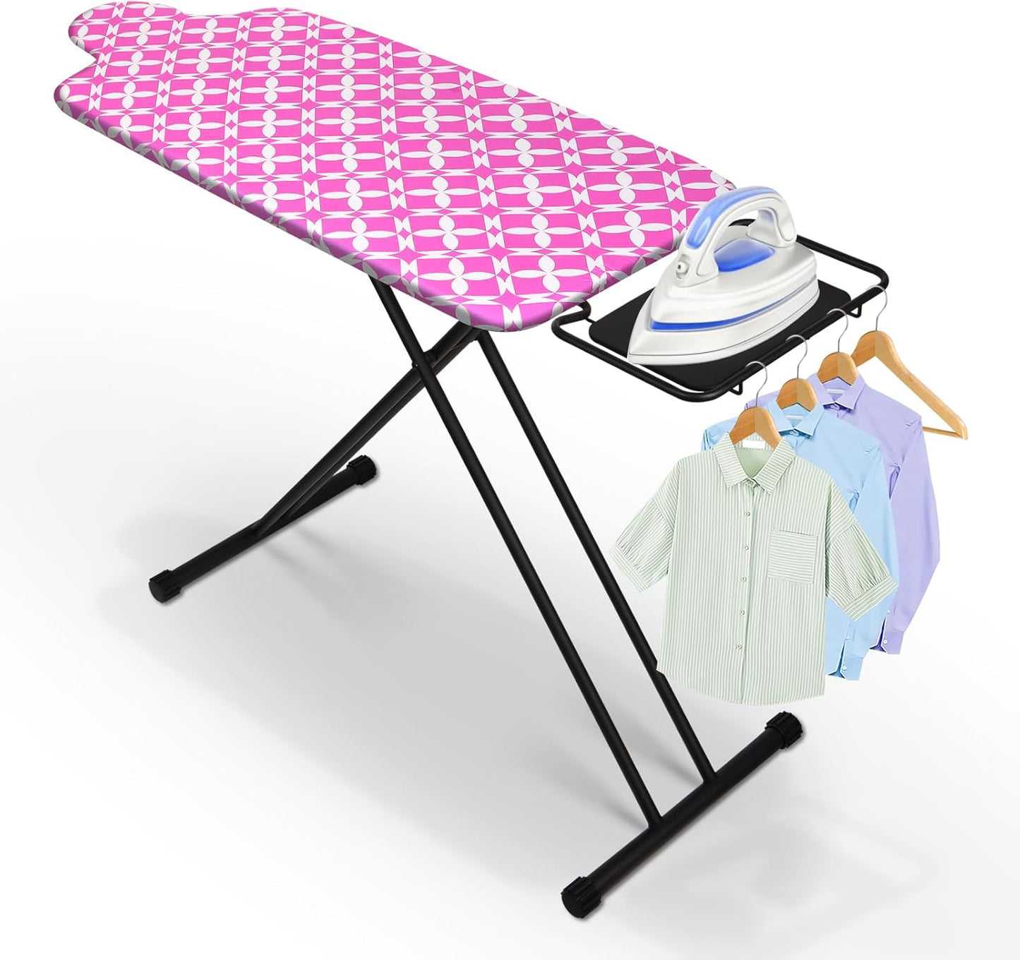 Extra Large Ironing Board with Hang Rail and Iron Rest 63" L x 20" W (Large with Iron Rest (Pink Cover))