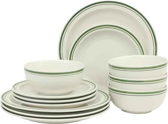 Gibson Home Hometown Diner 12-Piece Porcelain Dinnerware Set, Round Plates and Bowls Set for 4, White with Green Rim, Dishwasher Safe – Dinner Plate, Salad Plate & Cereal Bowl