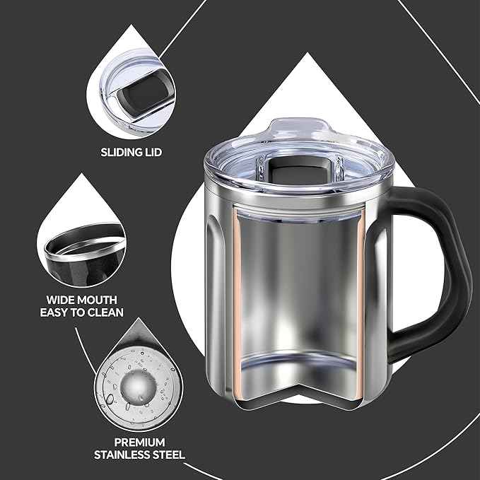 Ideus 16 oz Coffee Cup, Stainless Steel Coffee Travel Mug, Spill Proof Tea Mug with Handle and Lid, Lightweight and Durable, Great for Office Home and Outdoor Use, Black-FUJI FLOW