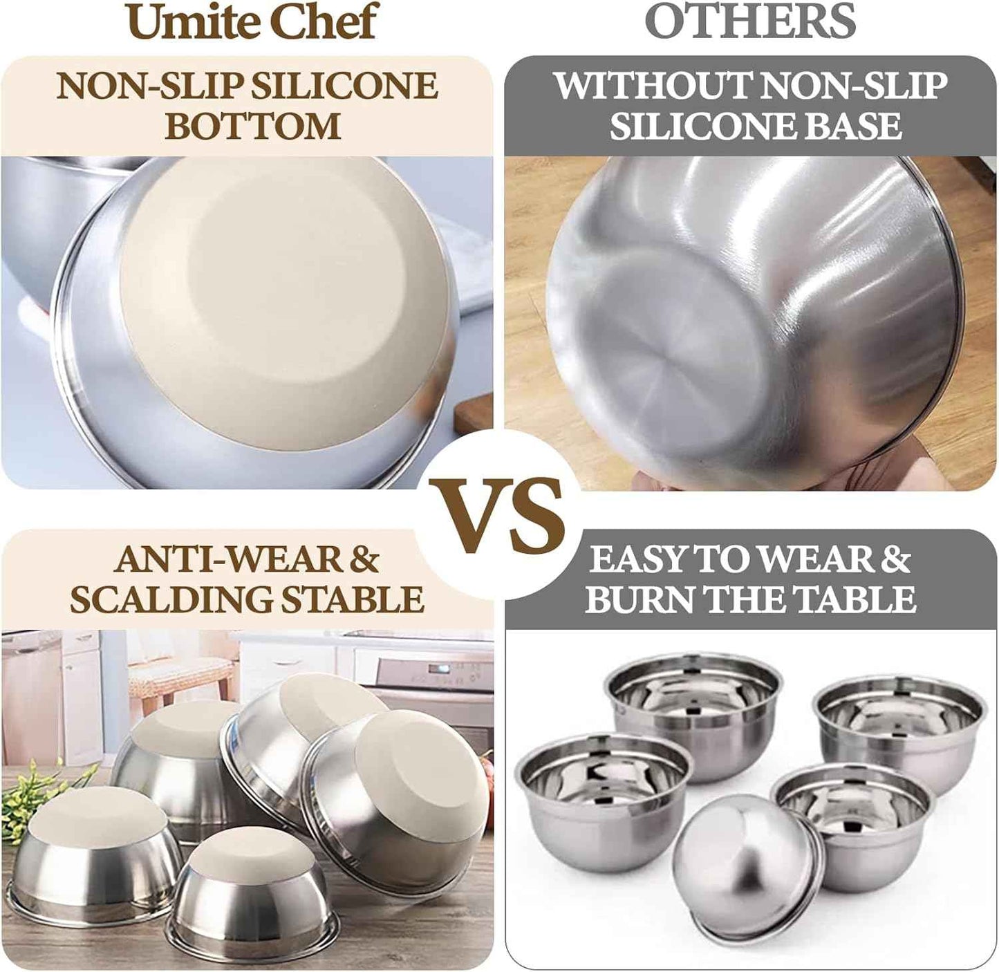 Umite Chef Mixing Bowls with Airtight Lids Set, 8PCS Stainless Steel Nesting Bowls with Grater Attachments, Non-Slip Bottoms, 5, 4, 3.5, 2, 1.5QT for Mixing & Serving