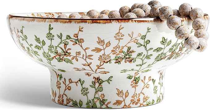 LE TAUCI 10" Ceramic Decorative Bowl, Key Bowl for Entryway, Handcrafted Sturdy Pedestal Bowl, French Country Fruit Bowl for Kitchen Counter, Centerpiece, Vine Green