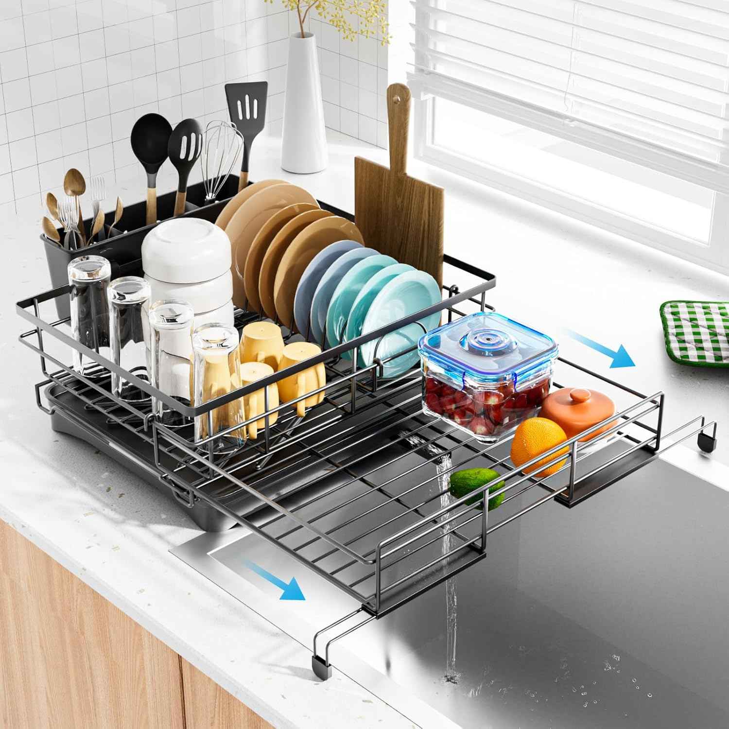 Laveshop Dish Drying Rack - Expandable Rack, Large Capacity Dish Drainer for Kitchen Counter, Rust-Proof with Utensil Holder, Black