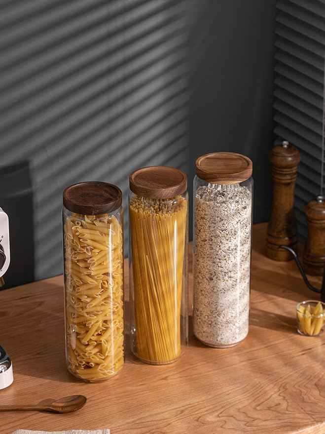 Kanwone Airtight Food Storage Containers Set of 3, 54 Ounce Glass Storage Containers with Bamboo lids, Clear Glass Canisters for Pantry, kitchen, Flour, Sugar, Tea, Coffee, Cookies, Spice and Herbs