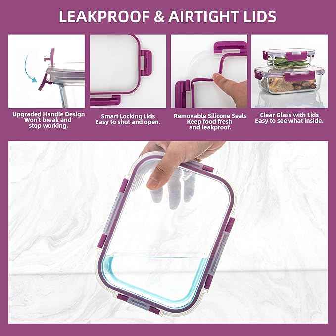 UMEIED 12 PACK Glass Food Storage Containers with Leak Proof Lids, Glass Airtight Meal Prep Containers Set for Lunch, On the Go, Leftover, Kitchen Pantry Organizers and Storage (Purple)