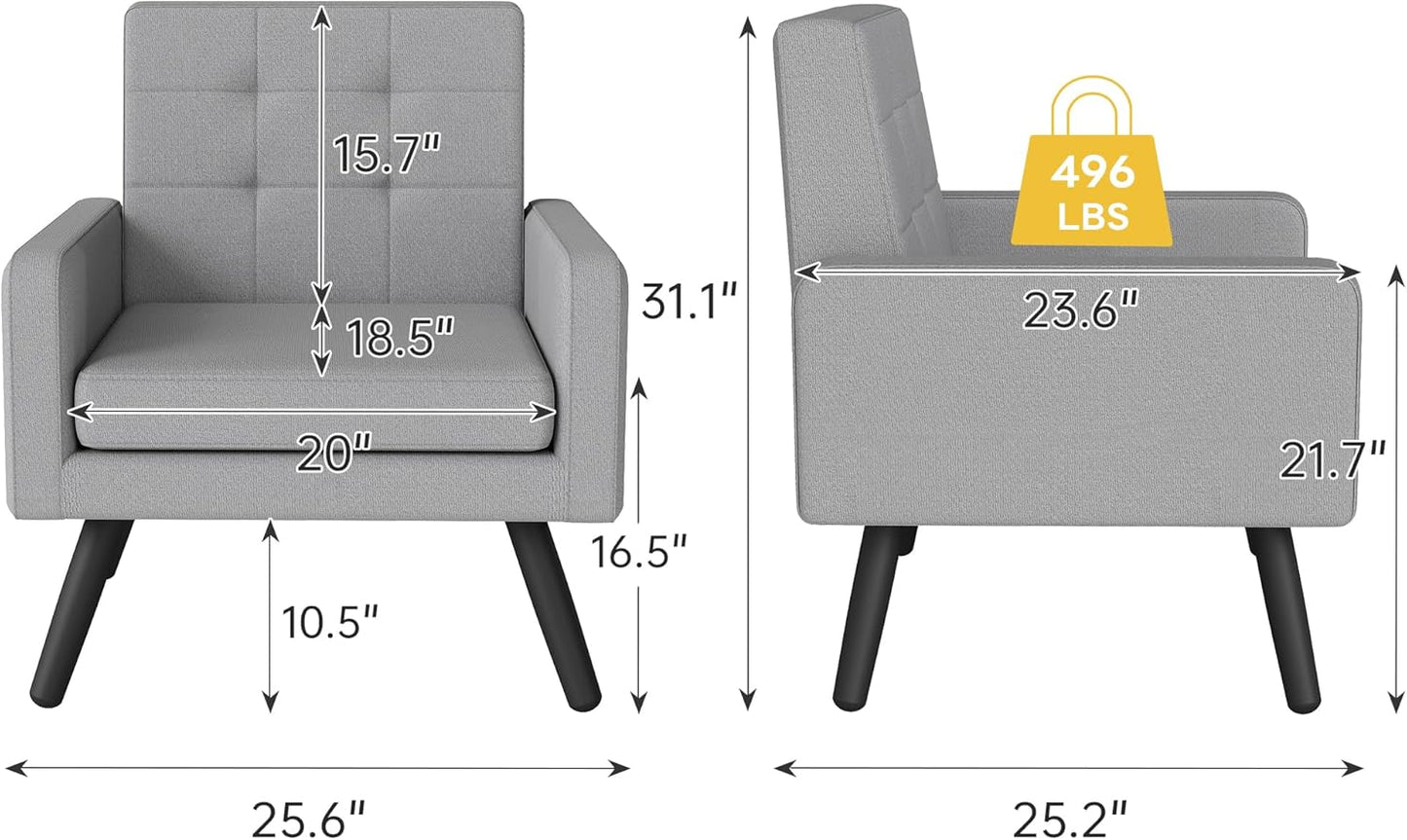 Kromax Mid-Century Modern Accent Chair Set of 2 for Living Room, 496 Lb. Weight Capacity, Dual Armrests, Comfy Extra Large Seat, Timeless Style Perfect for Reading & Relaxing, Light Grey